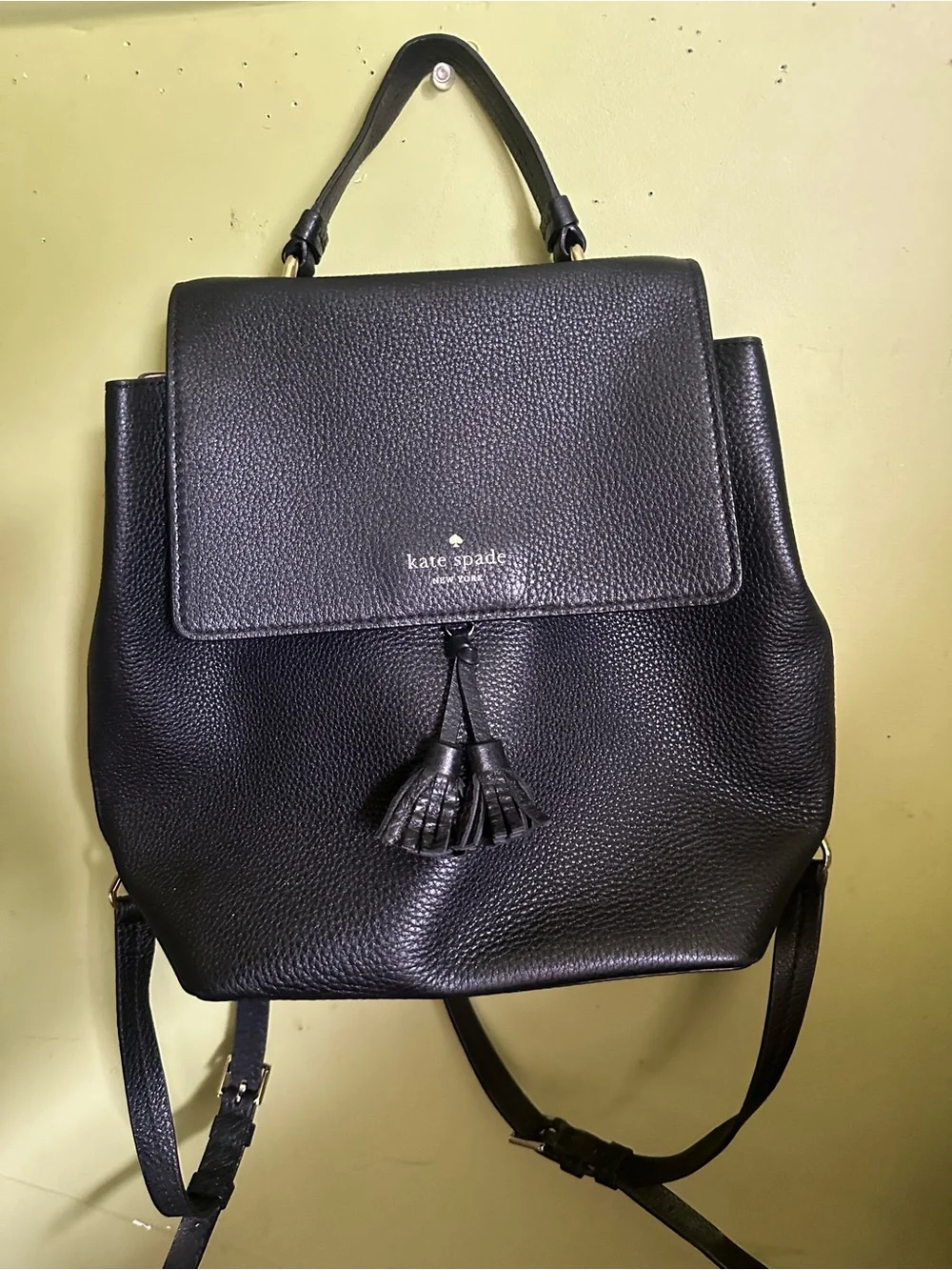 Kate Spade Black Pebbled Leather Tassel Backpack